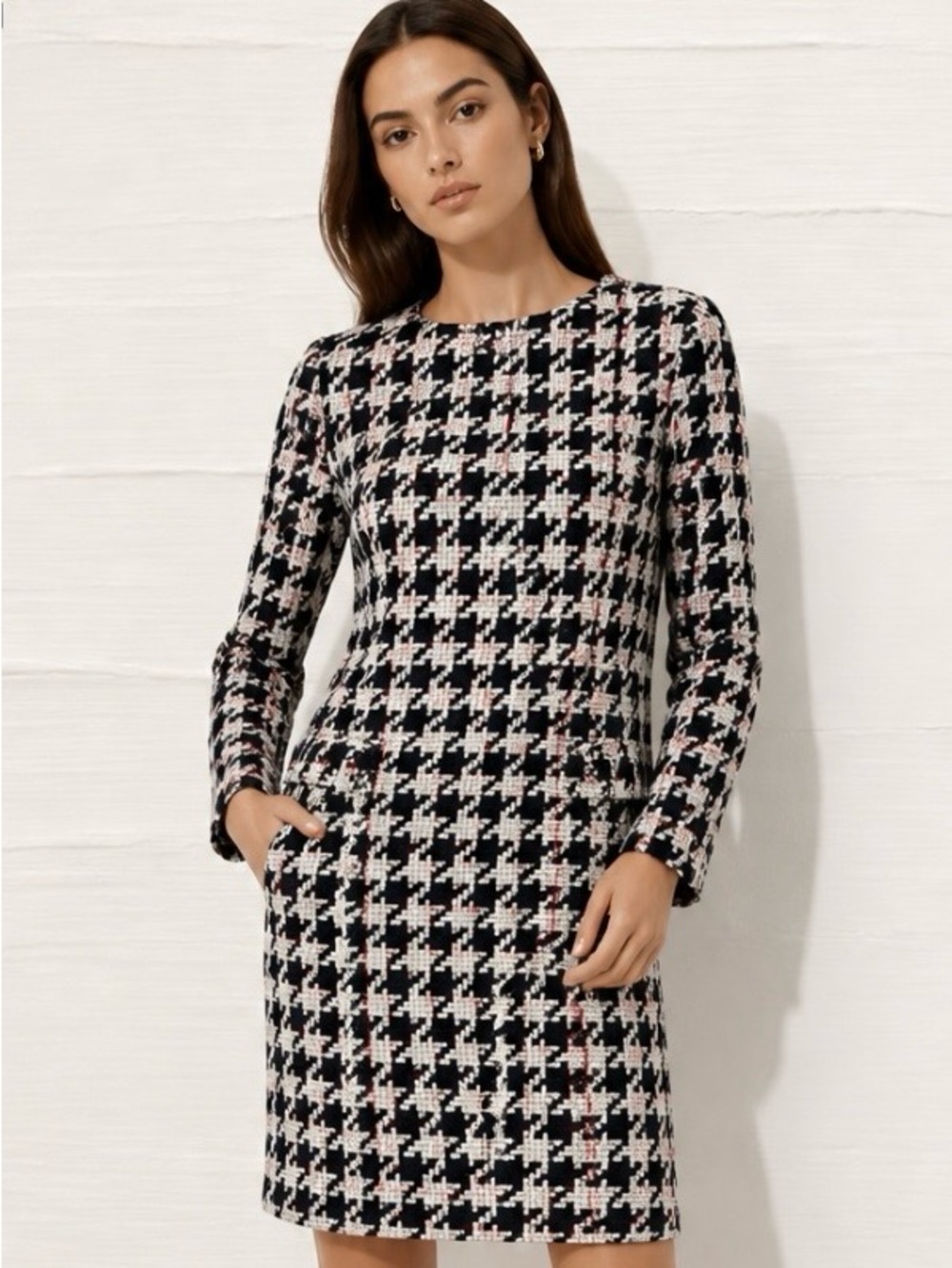 BODEN Dress Houndstooth Plaid Mini Shift Blue Gray Red Tweed WH892 Sz 4